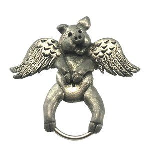 Winged Pig Pewter Scarf Clip Eyeglass Holder Lapel Pin Brooch Signed H Adams